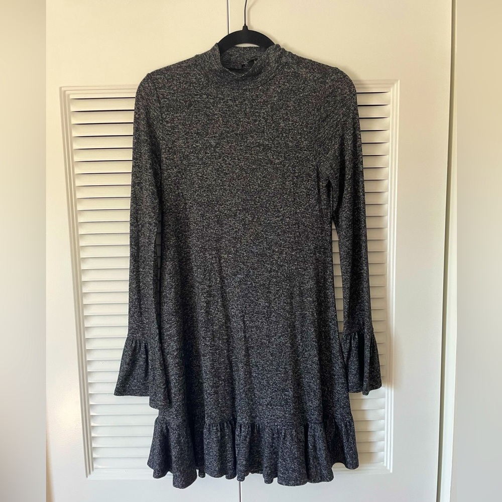 Express Long Bell Sleeve Mock Neck Sweater Dress, Black Gray Marled, Size Small